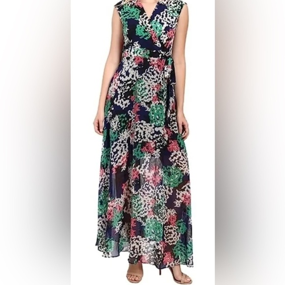 Just Taylor Faux Wrap Maxi Dress Navy Floral Sleeveless Sheer Overlay Lined Sz 2 - Picture 1 of 11